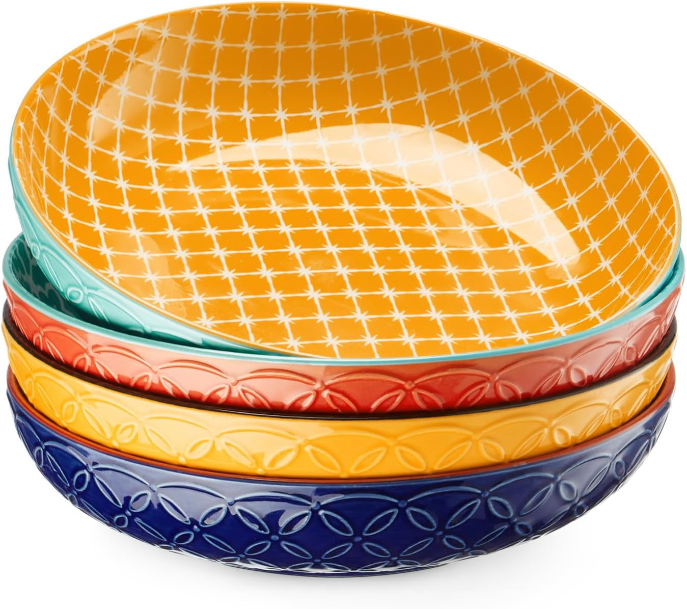 10" Vibrant Pasta, Salad & Soup Serving Bowls Set of 4, Embossed Large Porcelain Ceramic, Microwave & Dishwasher Safe, Bonita Design Dinnerware Dishes for Daily Dining, Family Gatherings, Party