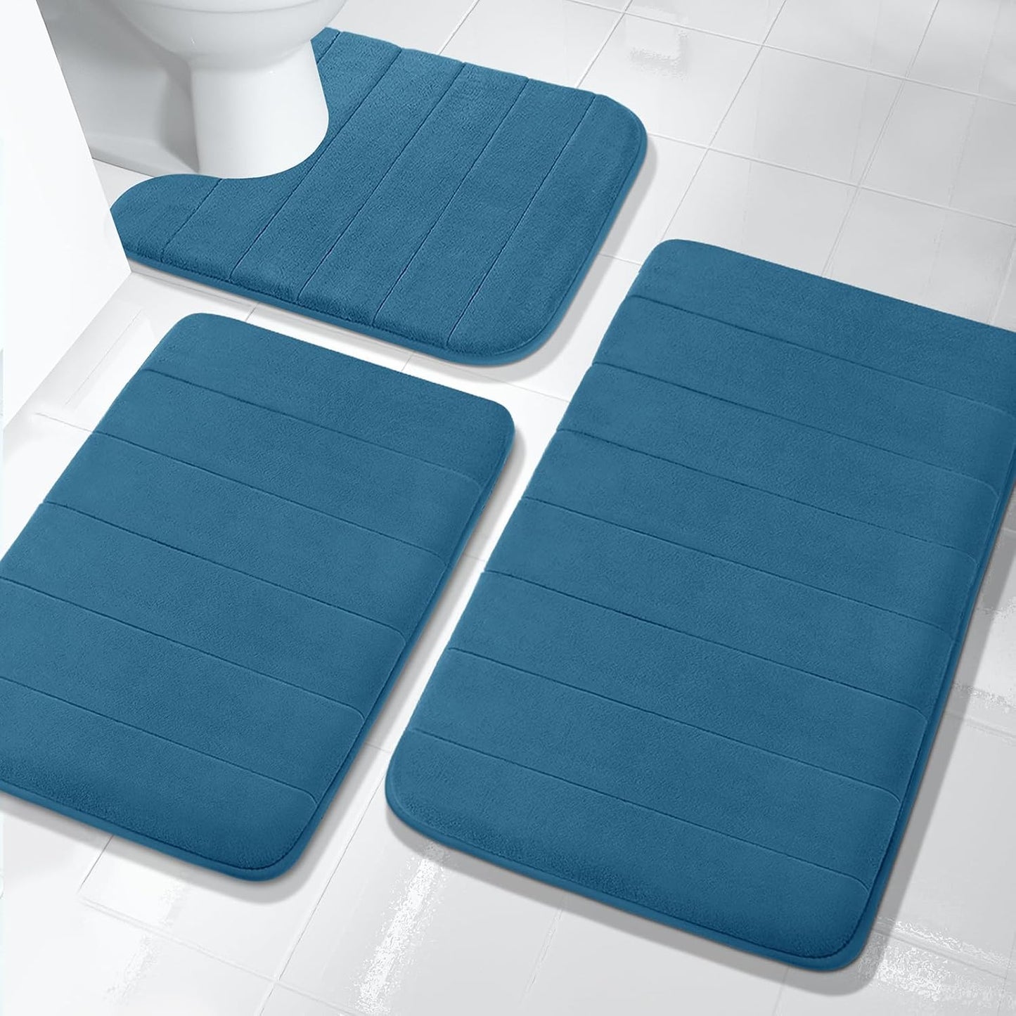 3 Pieces Memory Foam Bath Mat Set with U-Shaped Toilet Rug - Non Slip Super Soft Absorbent Quick Dry Bathroom Rugs for Bathtub, Vanity & Toilet Base, Beige