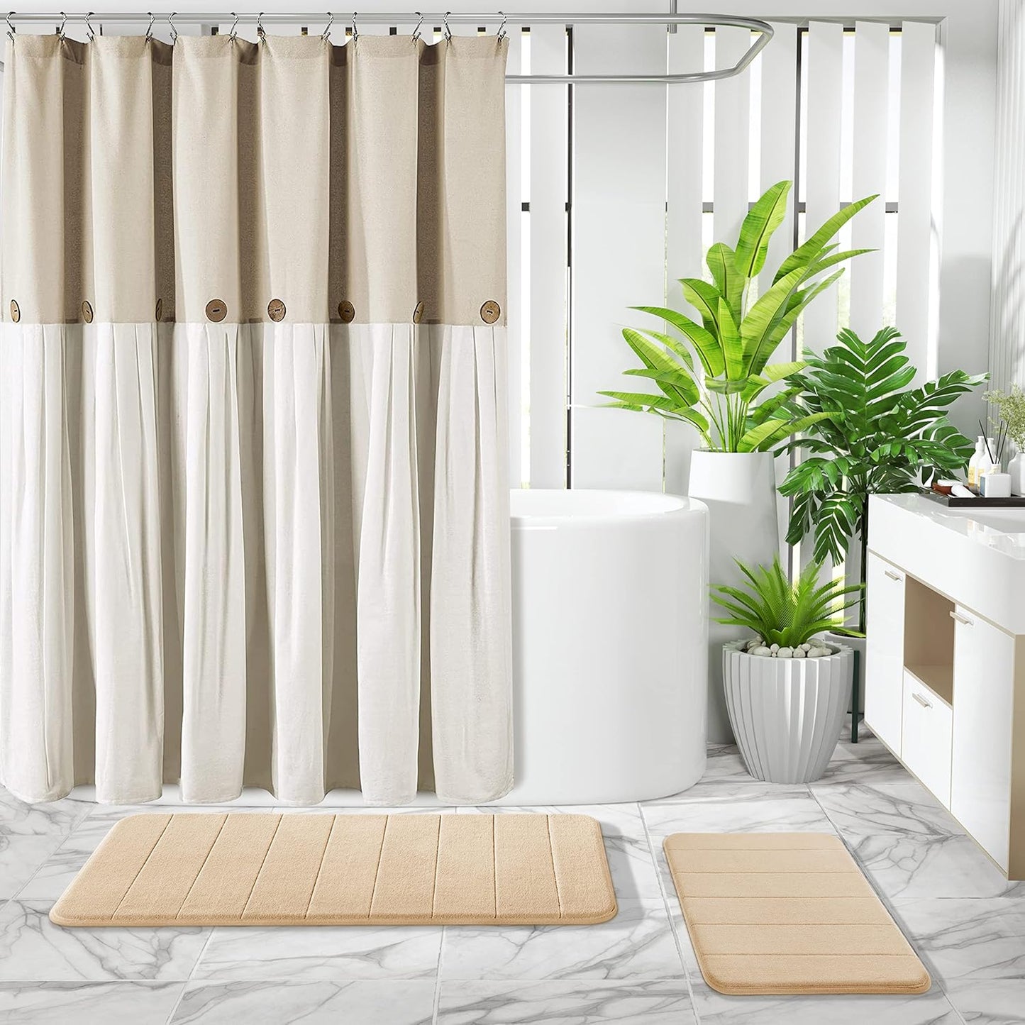 3 Pieces Memory Foam Bath Mat Set with U-Shaped Toilet Rug - Non Slip Super Soft Absorbent Quick Dry Bathroom Rugs for Bathtub, Vanity & Toilet Base, Beige