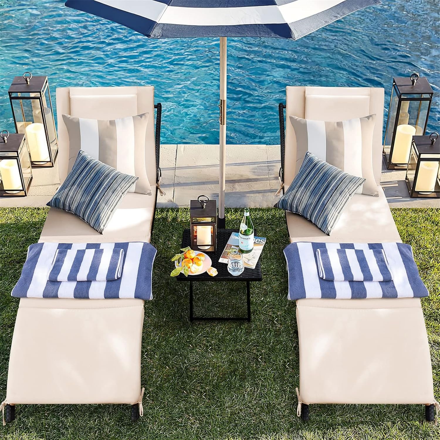Lounge Chairs for outside 3 Pieces Patio Adjustable Chaise Lounge Outdoor Wicker Lounge Chairs Set of 2 with Table Folding Chaise Lounger for Poolside, Deck, Lawn (Beige)