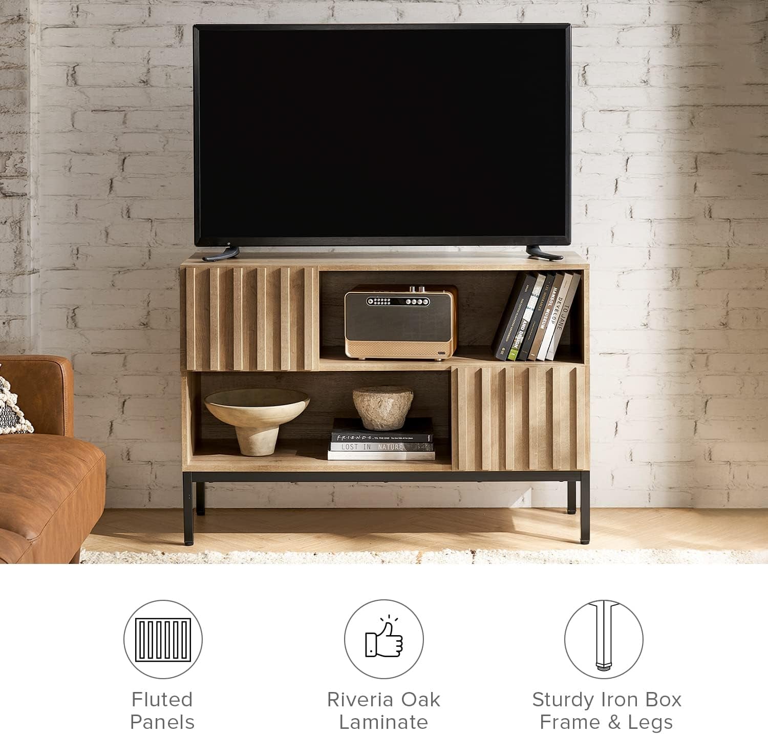 Norwin Storage Cabinet, Modern Rustic Industrial Buffet Sideboard, Accent Console Credenza, Fluted Panel Doors, Adjustable Shelves, Sturdy Metal Legs with Leveler (Oak Fluted Entryway, Single)