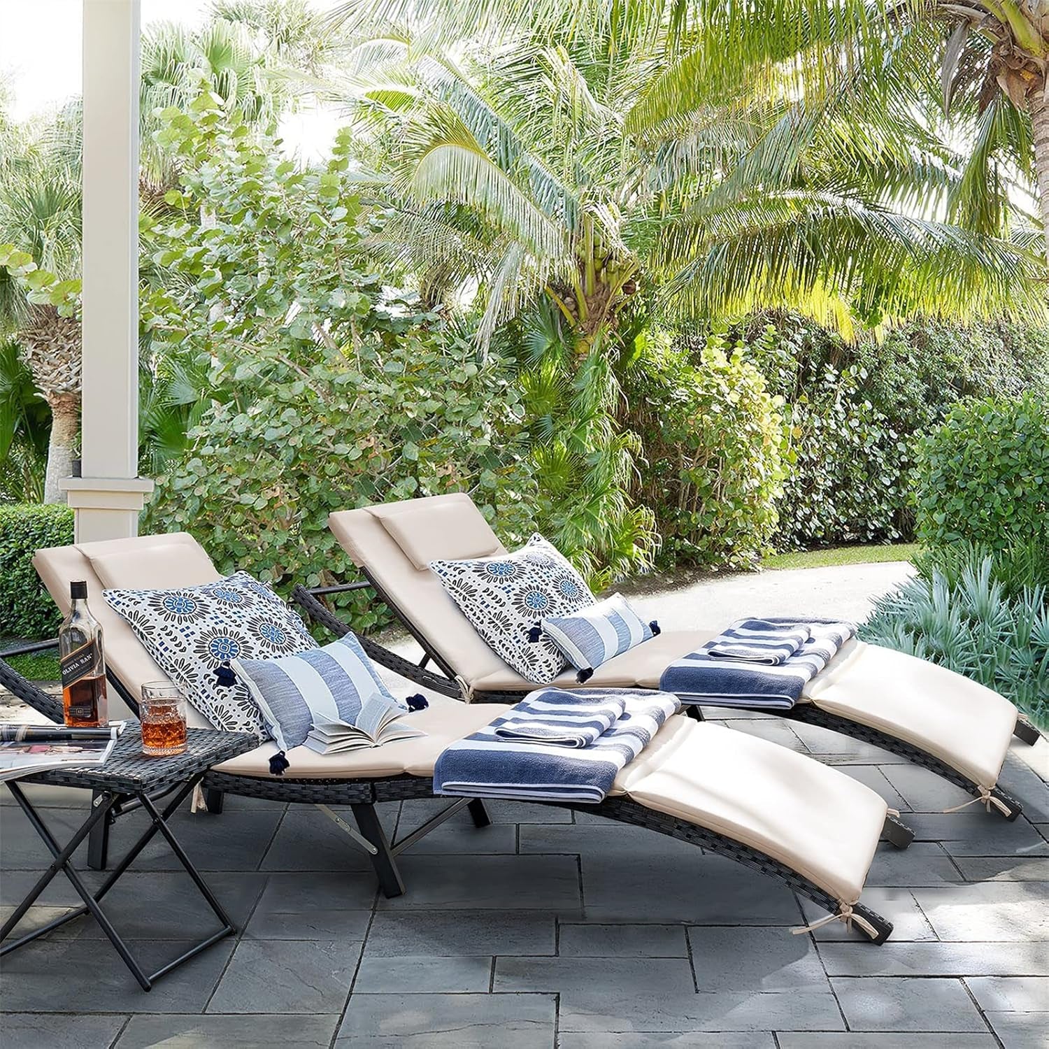 Lounge Chairs for outside 3 Pieces Patio Adjustable Chaise Lounge Outdoor Wicker Lounge Chairs Set of 2 with Table Folding Chaise Lounger for Poolside, Deck, Lawn (Beige)