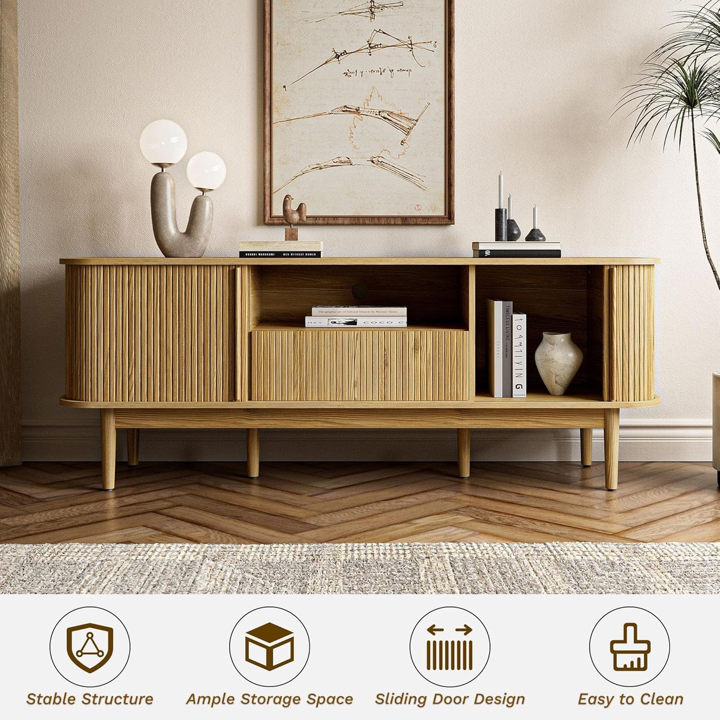 Modern TV Stand for 45/55/70 Inch TV, Entertainment Center with Sliding Doors and Storage, Wood TV Stand for Bedroom, Living Room, Natural