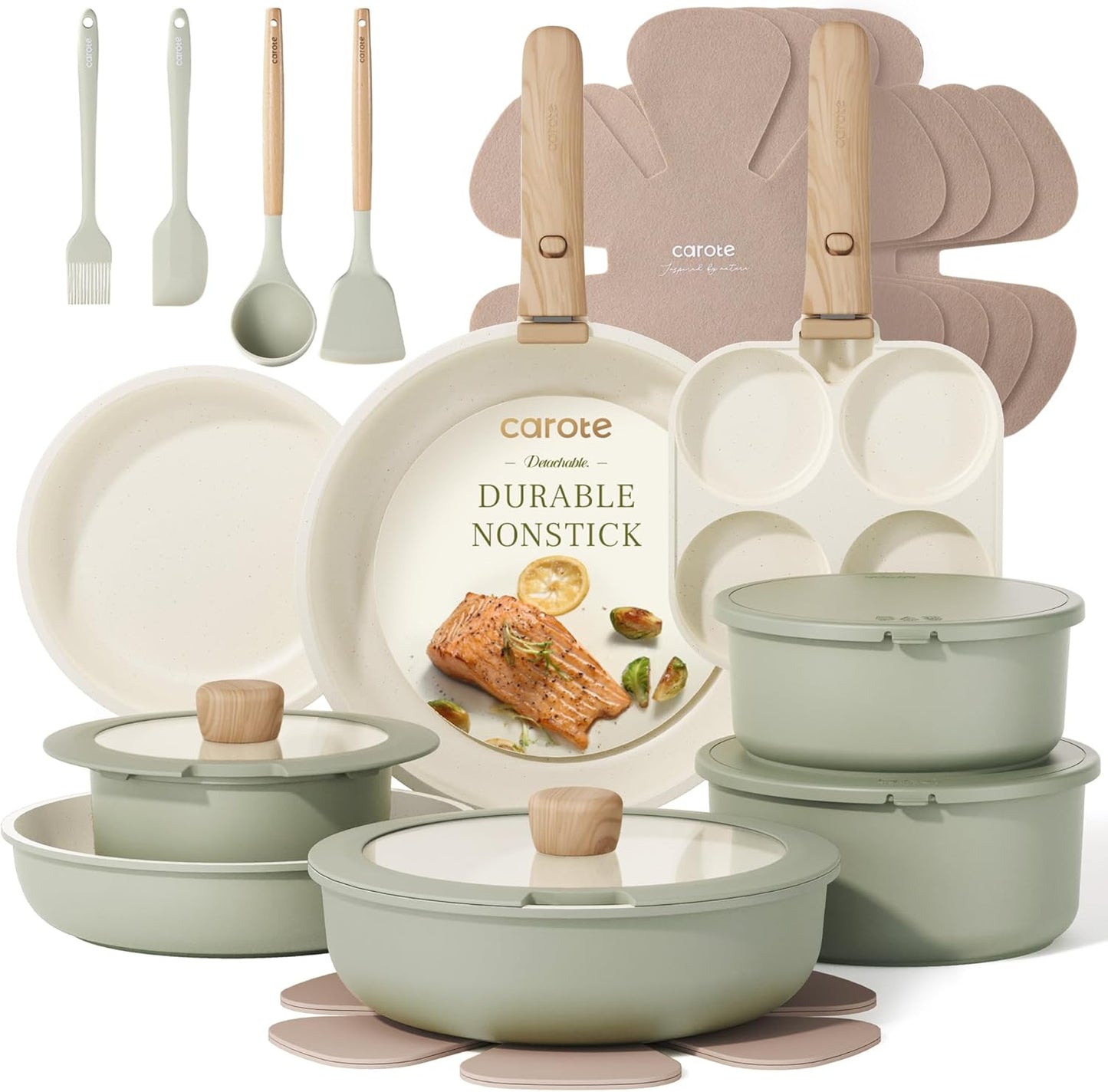 Pots and Pans Set, Nonstick Cookware Set Detachable Handle, 15Pcs Induction Kitchen Cookware Sets Non Stick with Removable Handle, RV Cookware Set, Oven Safe, Sage Green