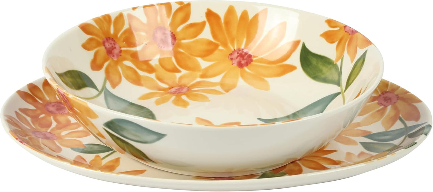 Oprah'S Favorite Things - Posy Blossom Double Bowl Hand Painted Stoneware Plates and Bowls Floral Dinnerware Set, Service for Four (16Pcs)