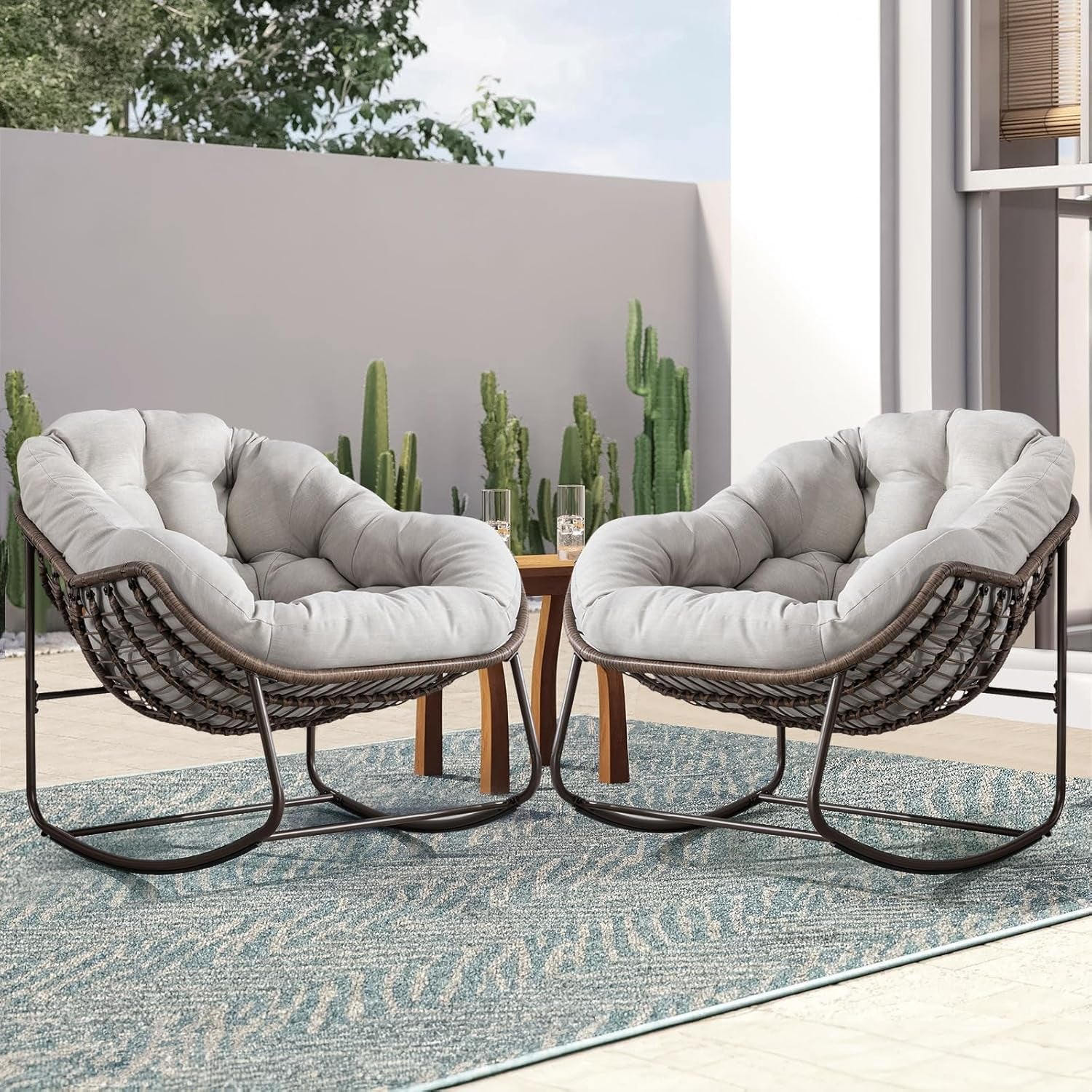 Large Indoor Outdoor Rocking Chair, Oversized Rocking Papasan Chair with Thick Cushion and Frame Outdoor Rocker, Comfy Wicker Egg Chairs Lounge for outside Porch Patio Backyard Balcony (Beige)