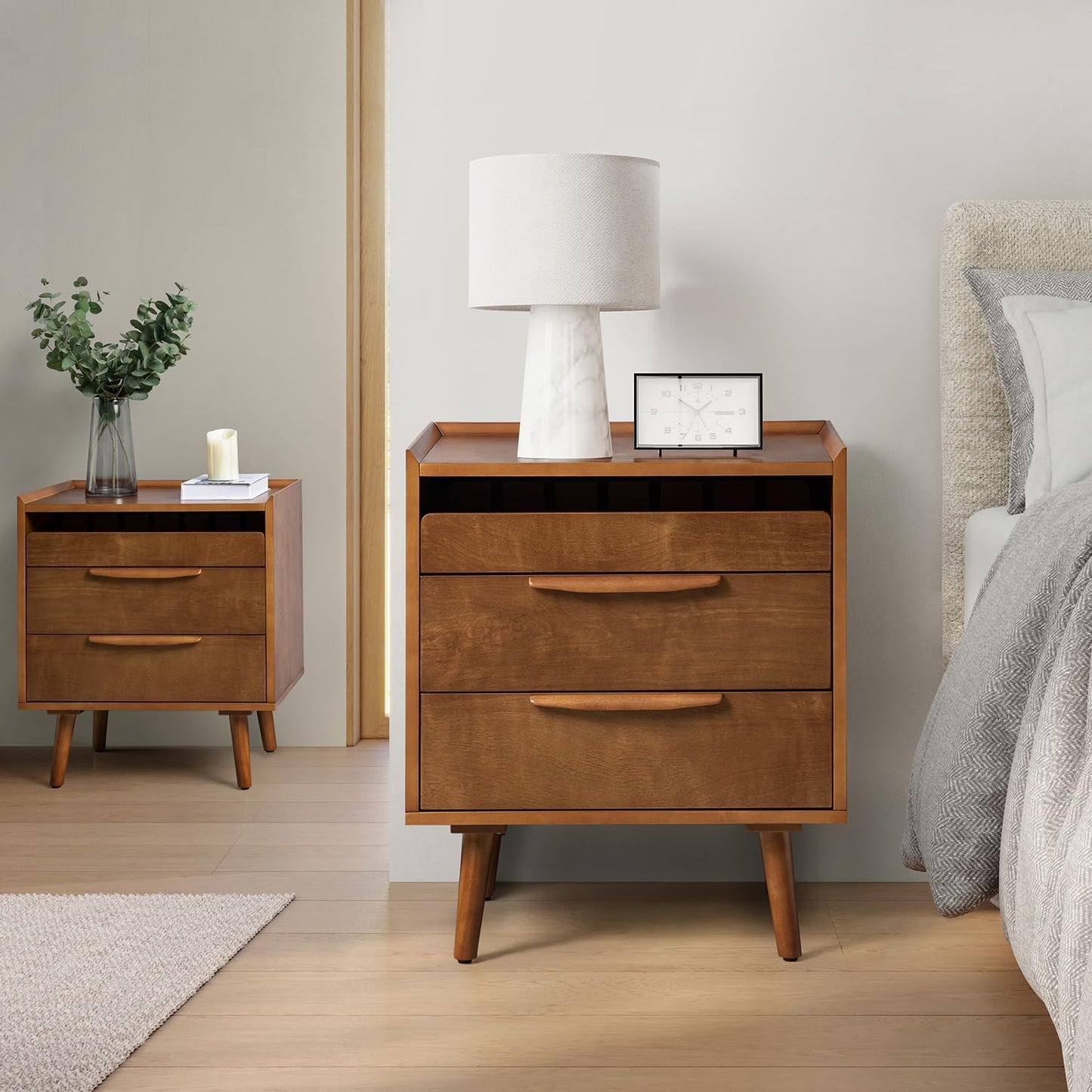 2 Drawer Nightstand with Charging Station, Mid-Century Modern Bedside Tables with Wood Legs, Wood Night Stand with Pull-Out Shelf, Walnut
