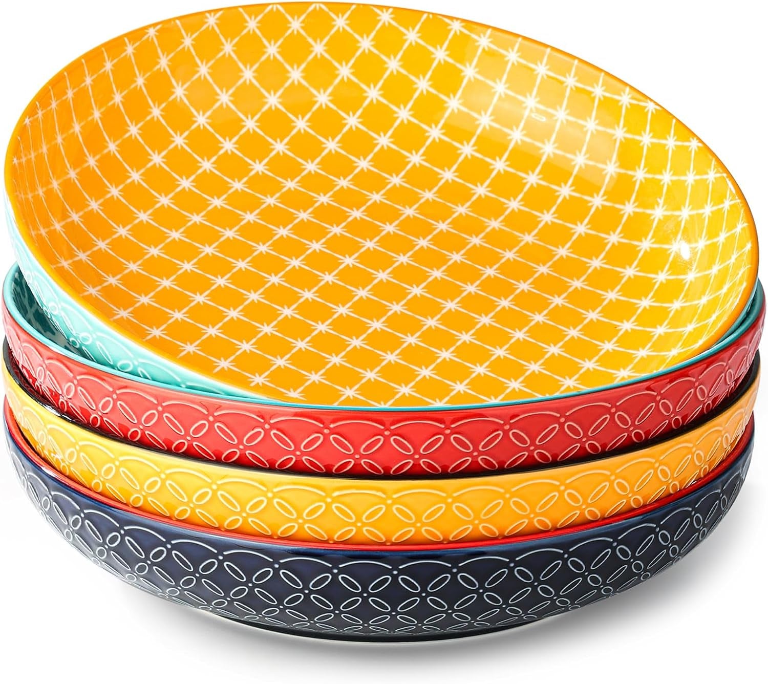 10" Vibrant Pasta, Salad & Soup Serving Bowls Set of 4, Embossed Large Porcelain Ceramic, Microwave & Dishwasher Safe, Bonita Design Dinnerware Dishes for Daily Dining, Family Gatherings, Party