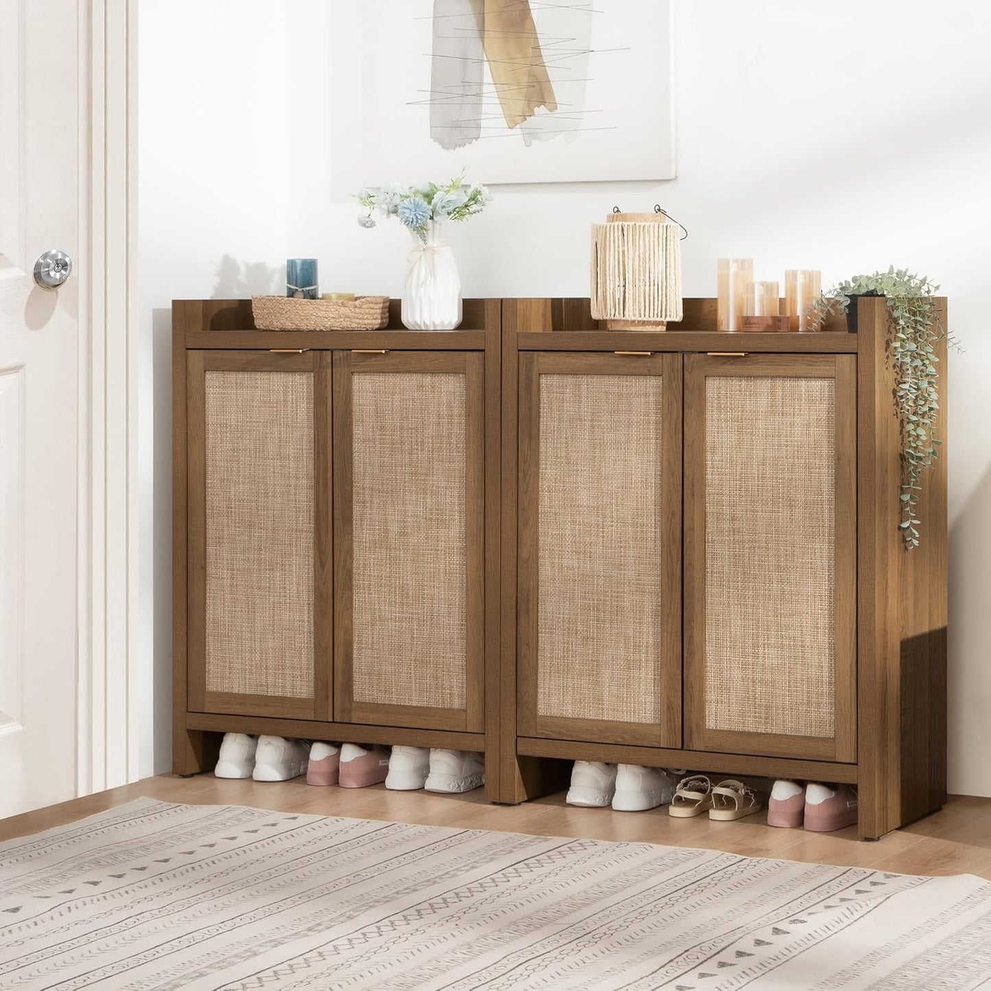 Shoe Cabinet, 24 Pair Shoe Storage Organizer Cabinet, 41" Tall Rattan Shoe Cabinet with Doors and Shelves, 6-Tier Farmhouse Boho Wooden Storage Cabinet for Entryway Hallway Closet