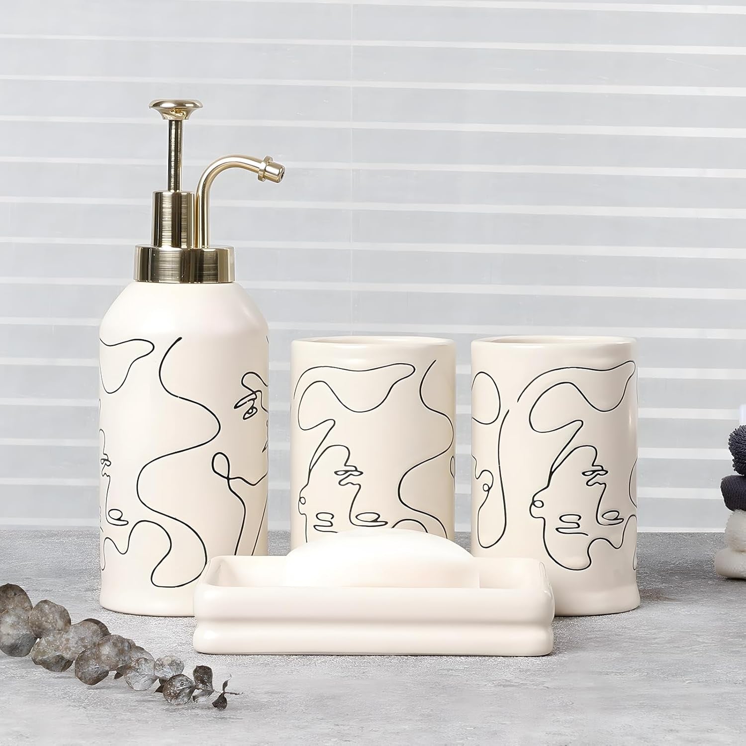 4 Piece Ceramic Bathroom Accessory Set, Artistic Line Face Bathroom Sets Accessories with Soap Dispenser, Toothbrush Holder, Tumbler, Soap Dish, Abstract Bathroom Set for Decor, off White