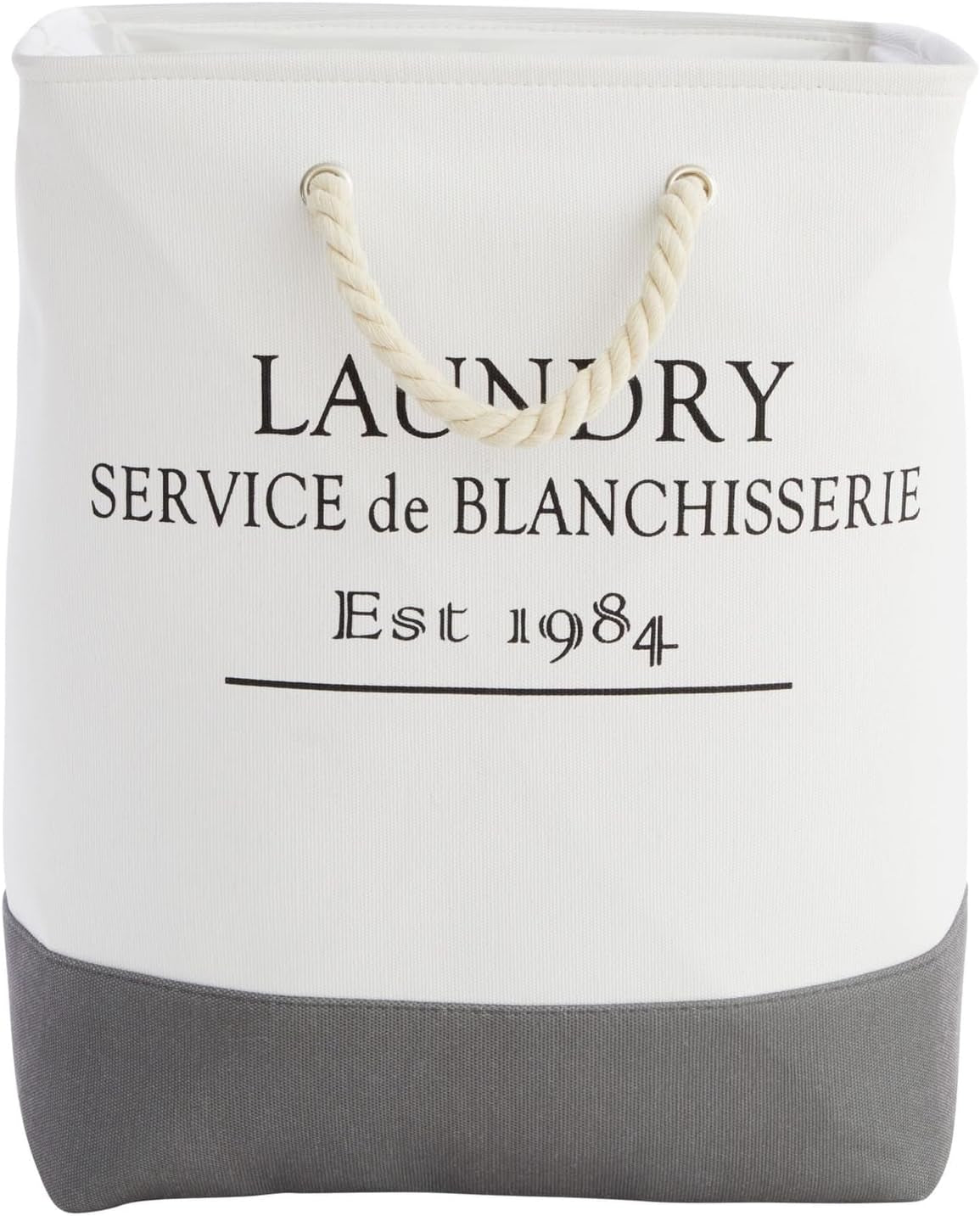 Canvas French Laundry Hamper - White and Gray Square Canvas Laundry Basket with Handles for Bathroom and Bedroom - Dry Cleaning Basket for Clothes, 60L (12 X 16 X 19.2 Inches)