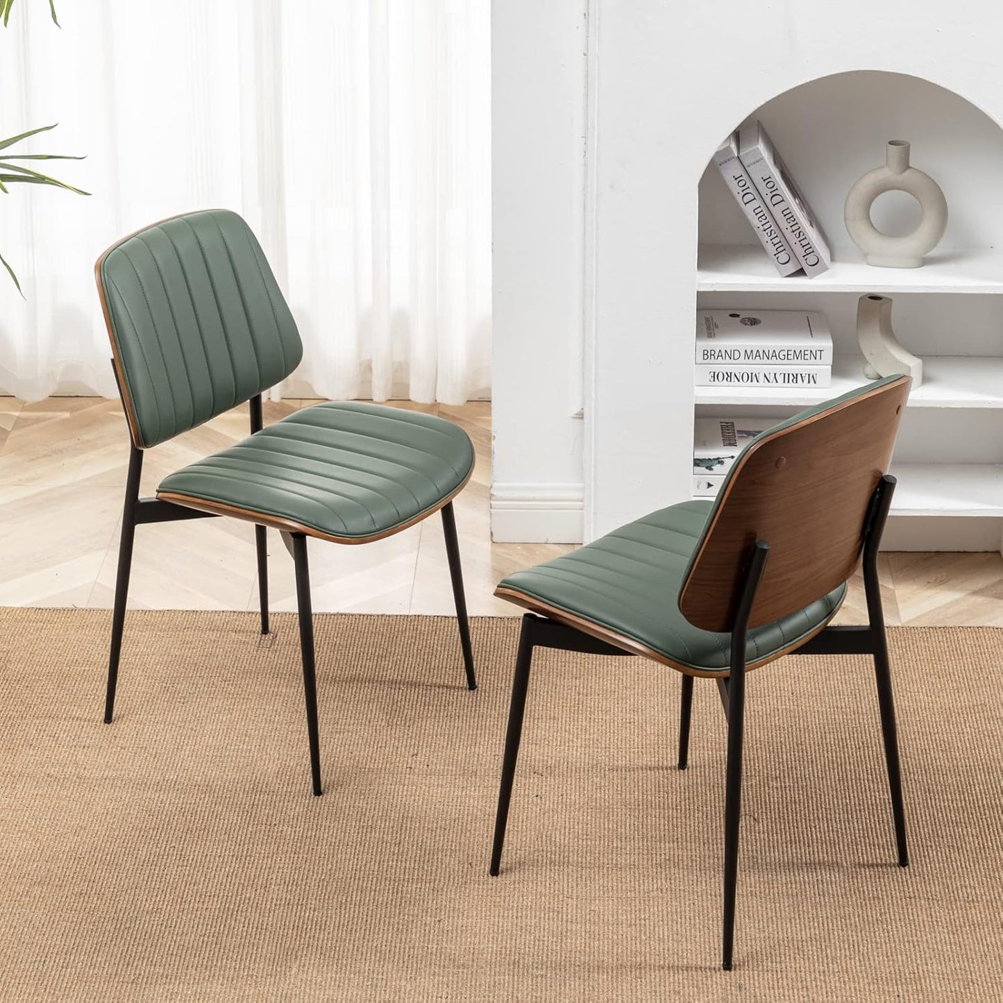 Dining Chairs Set of 2 Mid Century Modern Retro Faux Leather Chair with Walnut Bentwood Upholstered Seat Metal Legs Chairs,Adjustable Foot for Kitchen Dining Room Chairs(Green)