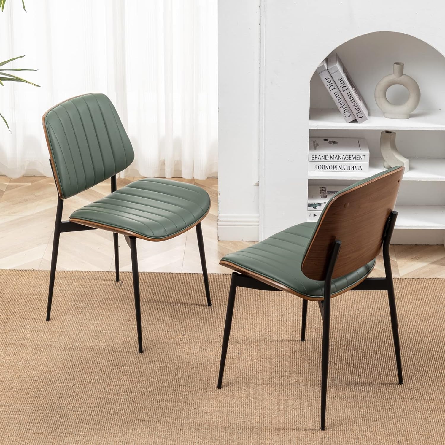 Dining Chairs Set of 2 Mid Century Modern Retro Faux Leather Chair with Walnut Bentwood Upholstered Seat Metal Legs Chairs,Adjustable Foot for Kitchen Dining Room Chairs(Green)