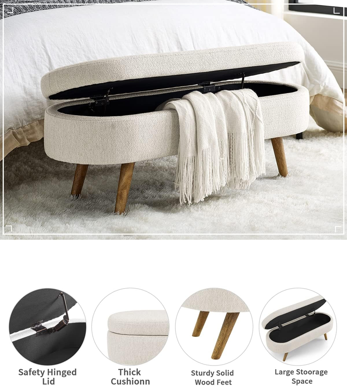Oval Storage Bench 43.5" Linen Fabric Upholstered Entryway Bench with Solid Wood Legs Ottoman Bench Indoor Bench for Living Room/Bedroom/End of Bed/Entryway (Beige)