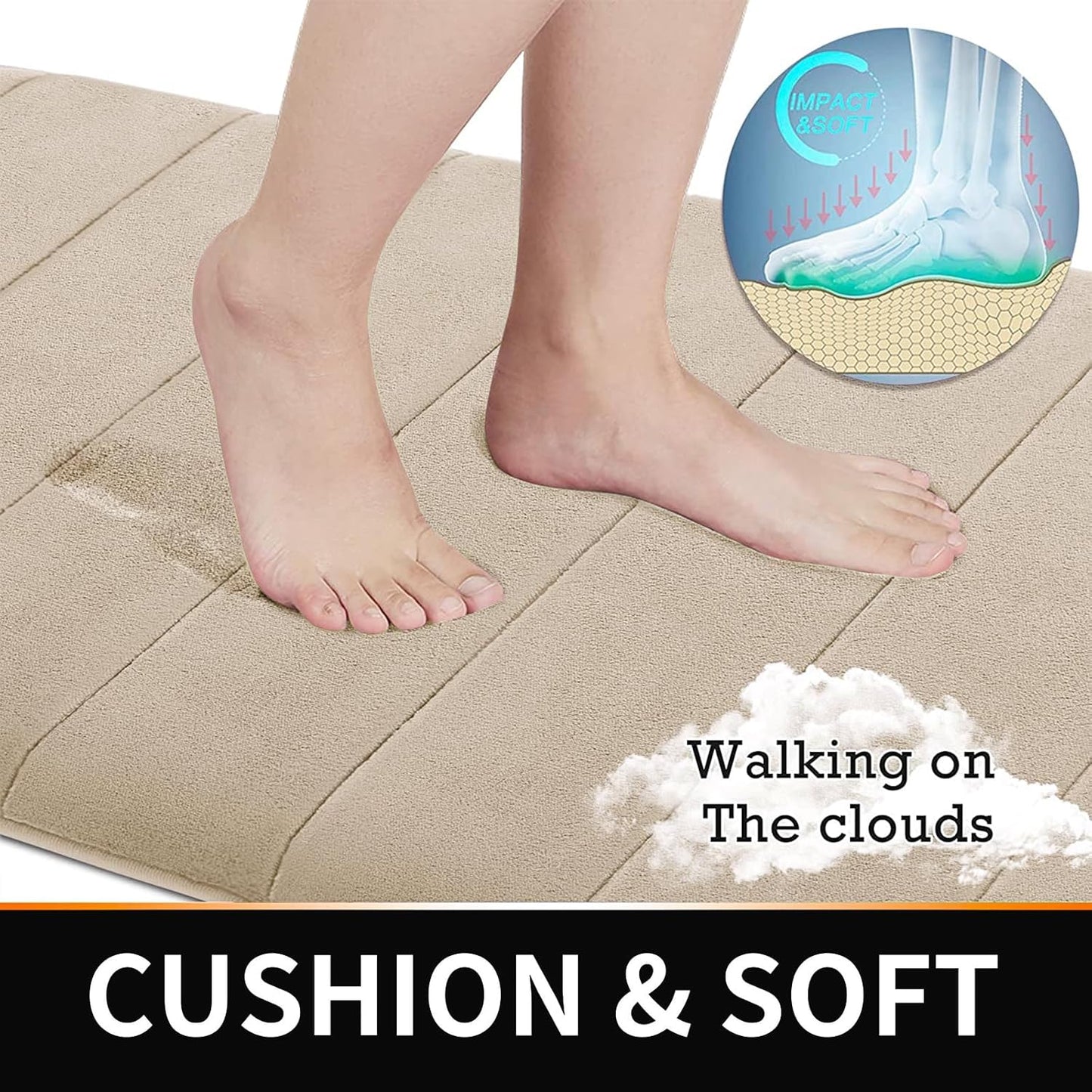 3 Pieces Memory Foam Bath Mat Set with U-Shaped Toilet Rug - Non Slip Super Soft Absorbent Quick Dry Bathroom Rugs for Bathtub, Vanity & Toilet Base, Beige