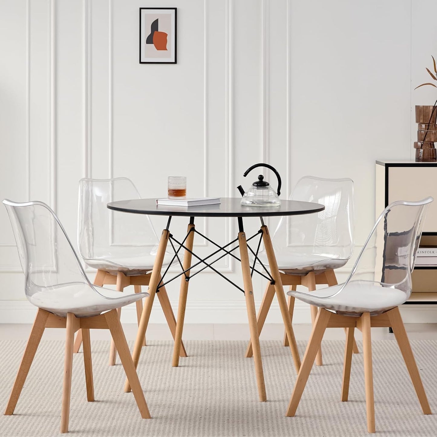 5-Piece round Dining Table Set, Small 31.5" Kitchen Table Chairs Set of 4 Space Saving Furniture, Plastic Seats, Solid Wood Legs, for Living Room Apartment Office Home, Green