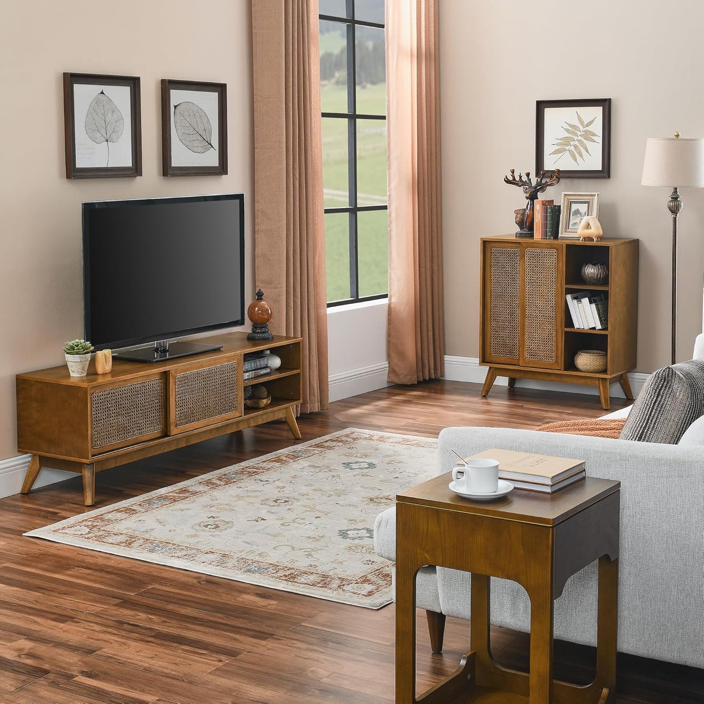 59 Inch Mid Century Modern TV Stand with Rattan Doors, Entertainment Center Media Console for 55/60/65 Inch TV, Boho/Mcm Television Stand for Living Room/Bedroom, Light Wood