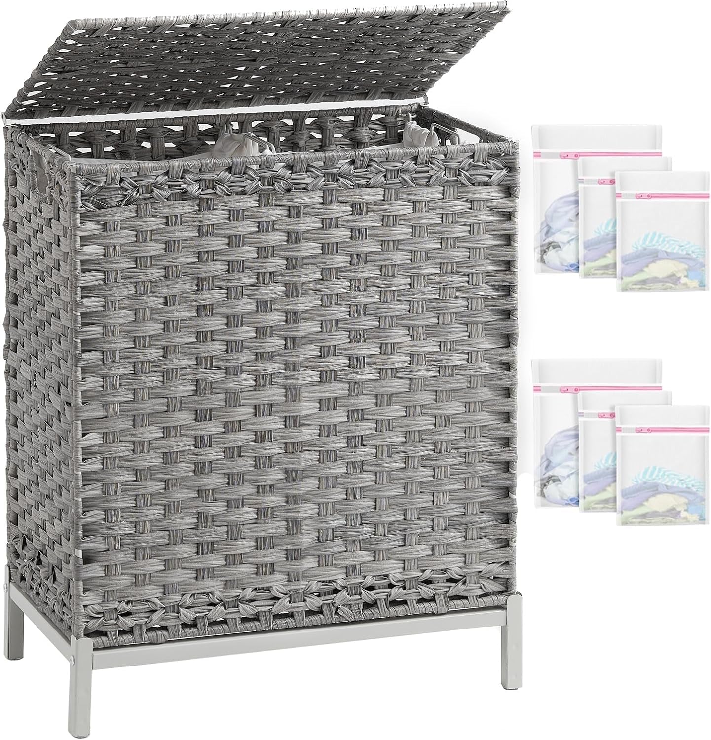 Laundry Hamper with Lid, 112 L Handwoven Rattan Wicker Laundry Basket, 2 Removable Liner Bags Metal Heightened Feet, 6 Mesh Bags, 2 Section Large Clothes Hamper for Bathroom Bedroom, Natural