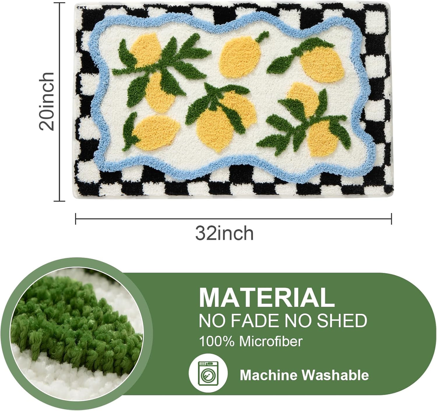 Checkered Lemon Bath Rug for Bathroom, Cute Bathroom Mat Non Slip Soft Microfiber Absorbent Washable Rug for Laundry Home Decor, 20X32 Inch