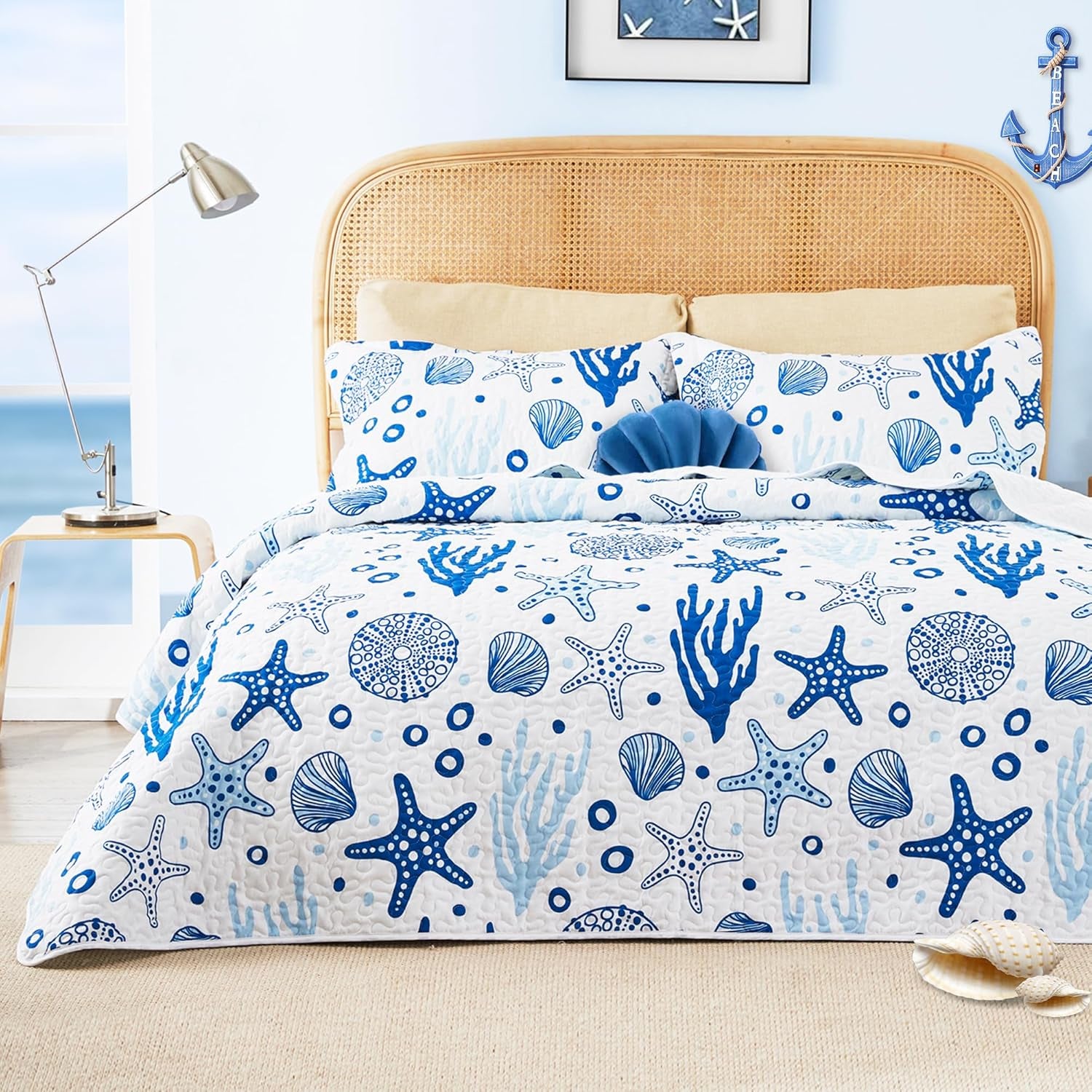 Twin Quilt Bedding Set Coastal White Bedspreads - Soft Bed Summer Beach Nautical Quilt Lightweight Bedspread- Reversible Bedding Coverlet for All Season - 2 Piece (1 Quilt, 1 Pillow Sham)