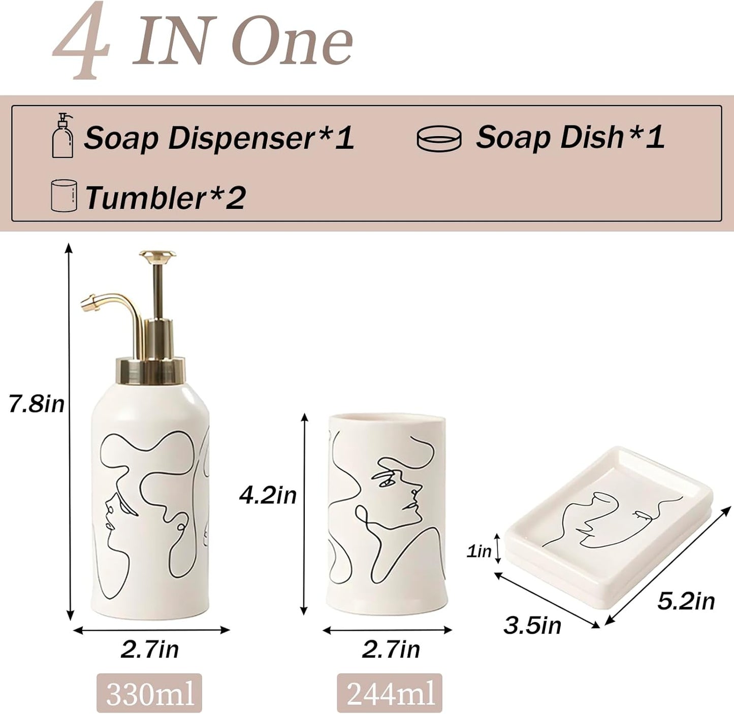4 Piece Ceramic Bathroom Accessory Set, Artistic Line Face Bathroom Sets Accessories with Soap Dispenser, Toothbrush Holder, Tumbler, Soap Dish, Abstract Bathroom Set for Decor, off White