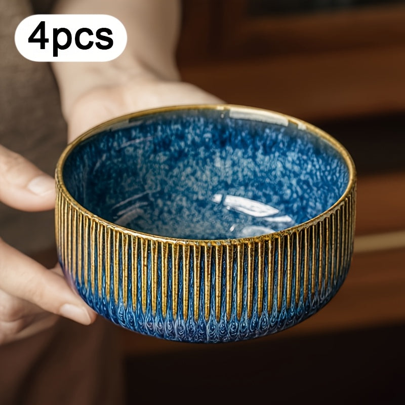 4pcs Retro Vertical Stripe Ceramic Rice Bowls, 4.5” Microwave-Safe Soup & Snack Bowls