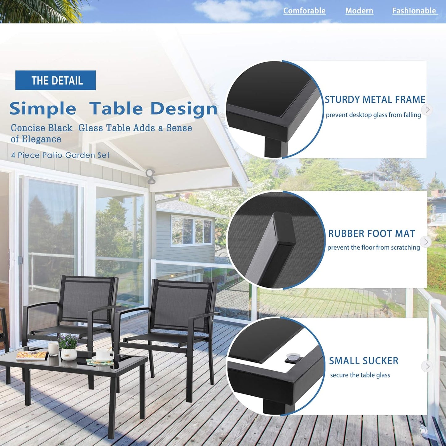 4 Pieces Patio Furniture Sets,Outdoor Patio Conversation Sets with Glass Coffee Table, Small Porch Balcony Furniture, Patio Table and Chairs Set for Garden, Backyard (Black)
