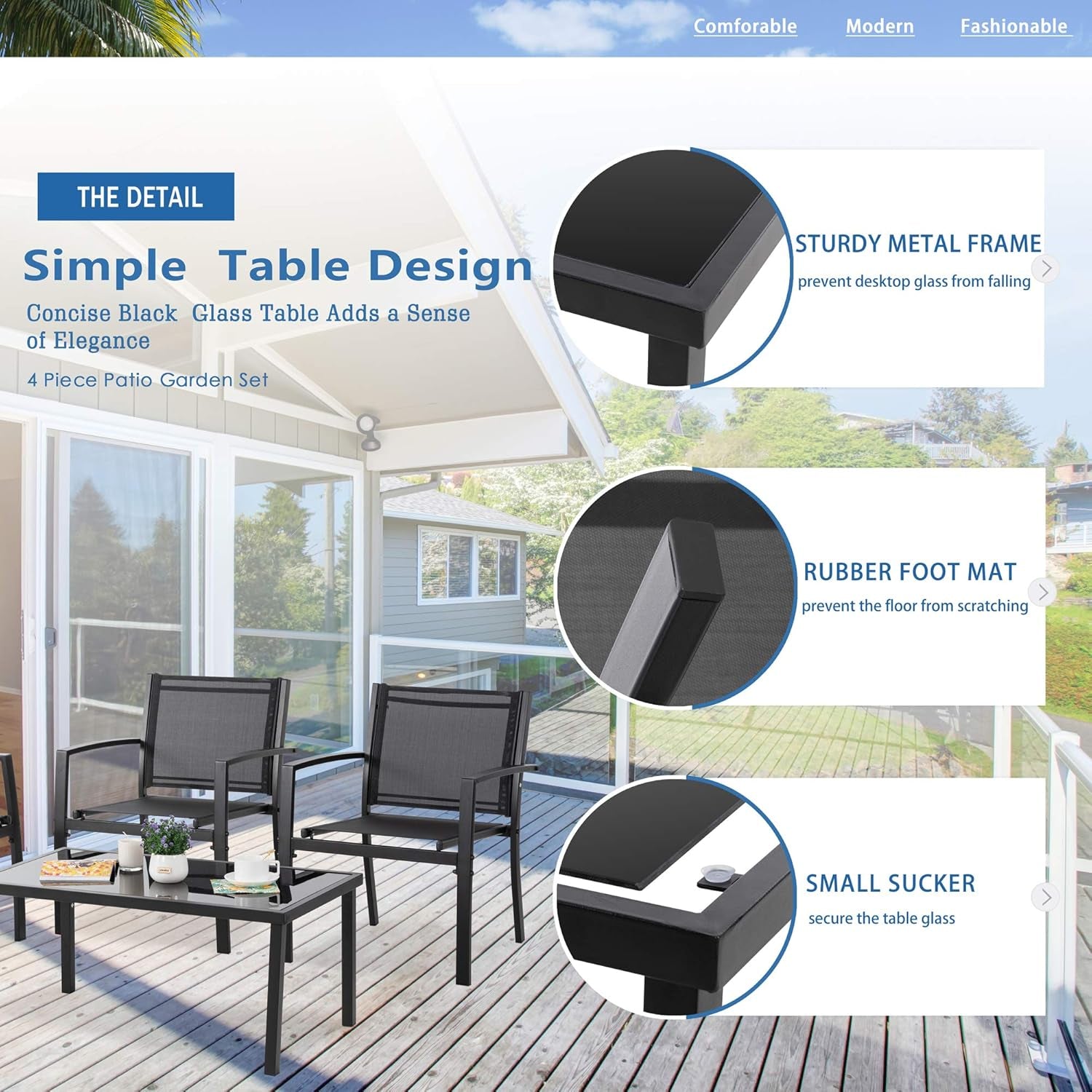 4 Pieces Patio Furniture Sets,Outdoor Patio Conversation Sets with Glass Coffee Table, Small Porch Balcony Furniture, Patio Table and Chairs Set for Garden, Backyard (Black)