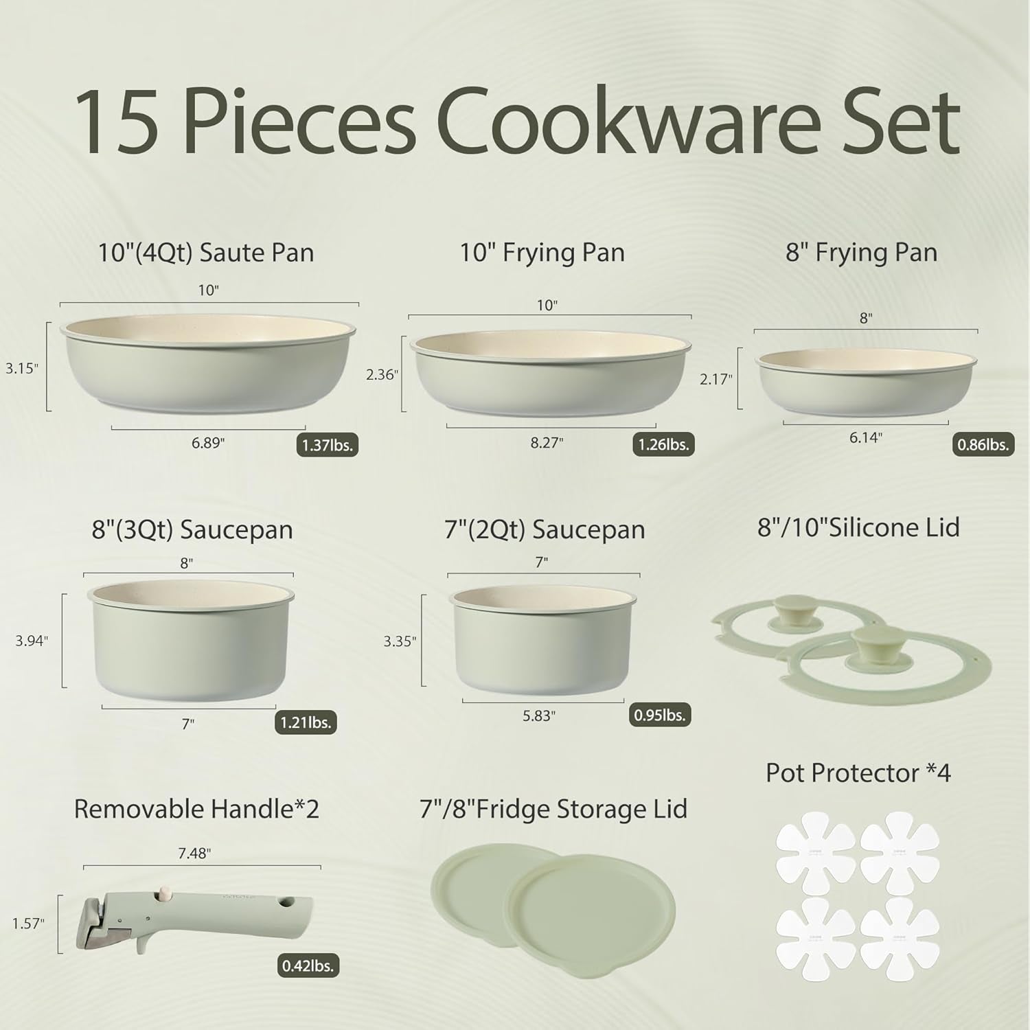 Pots and Pans Set, Nonstick Cookware Set Detachable Handle, 15Pcs Induction Kitchen Cookware Sets Non Stick with Removable Handle, RV Cookware Set, Oven Safe, Sage Green