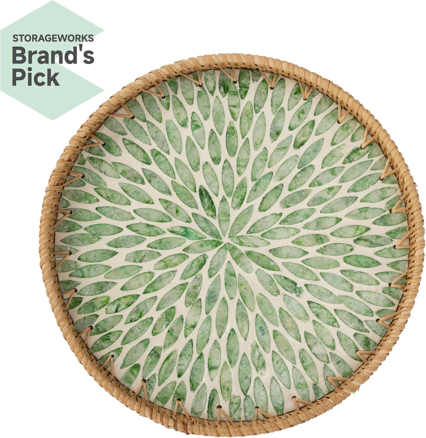 Decorative Coffee Table Trays for Home Decor, round Rattan Tray with Mother of Pearl Inlay, Small Wicker Woven Serving Tray Decor for Kitchen Counter, Living Room and Ottoman, Green