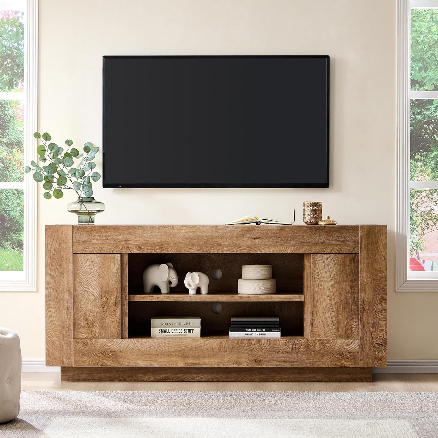 Modern 70" TV Stand, Entertainment Center for Tvs up to 80", Media Console with Large Open Storage & Side Cabinets, Thick Wood Design for Living Room, Light Knotty Oak