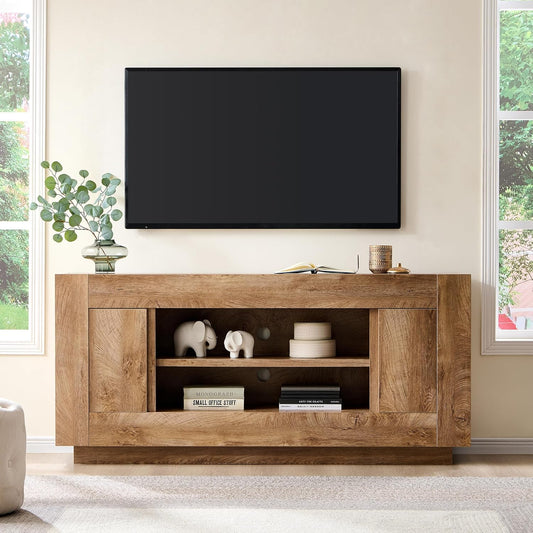 Modern 70" TV Stand, Entertainment Center for Tvs up to 80", Media Console with Large Open Storage & Side Cabinets, Thick Wood Design for Living Room, Light Knotty Oak
