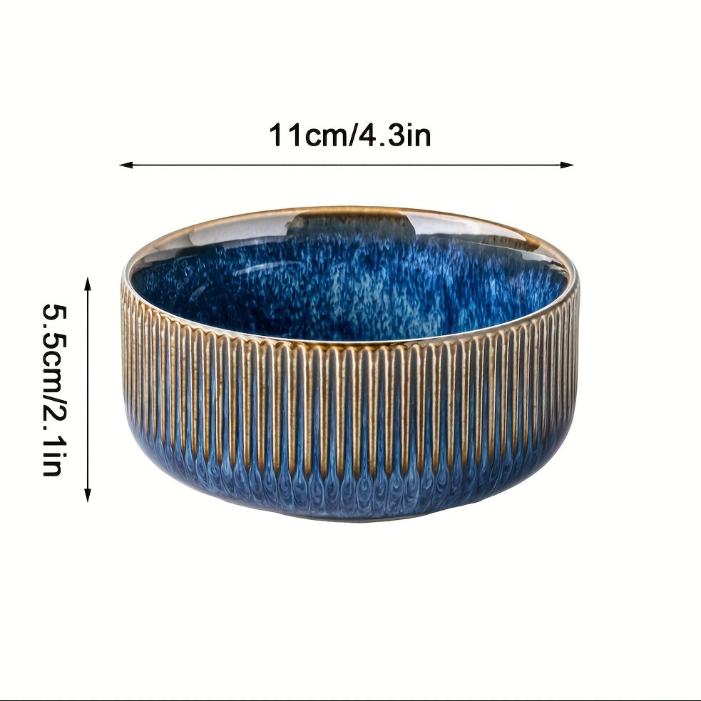 4pcs Retro Vertical Stripe Ceramic Rice Bowls, 4.5” Microwave-Safe Soup & Snack Bowls