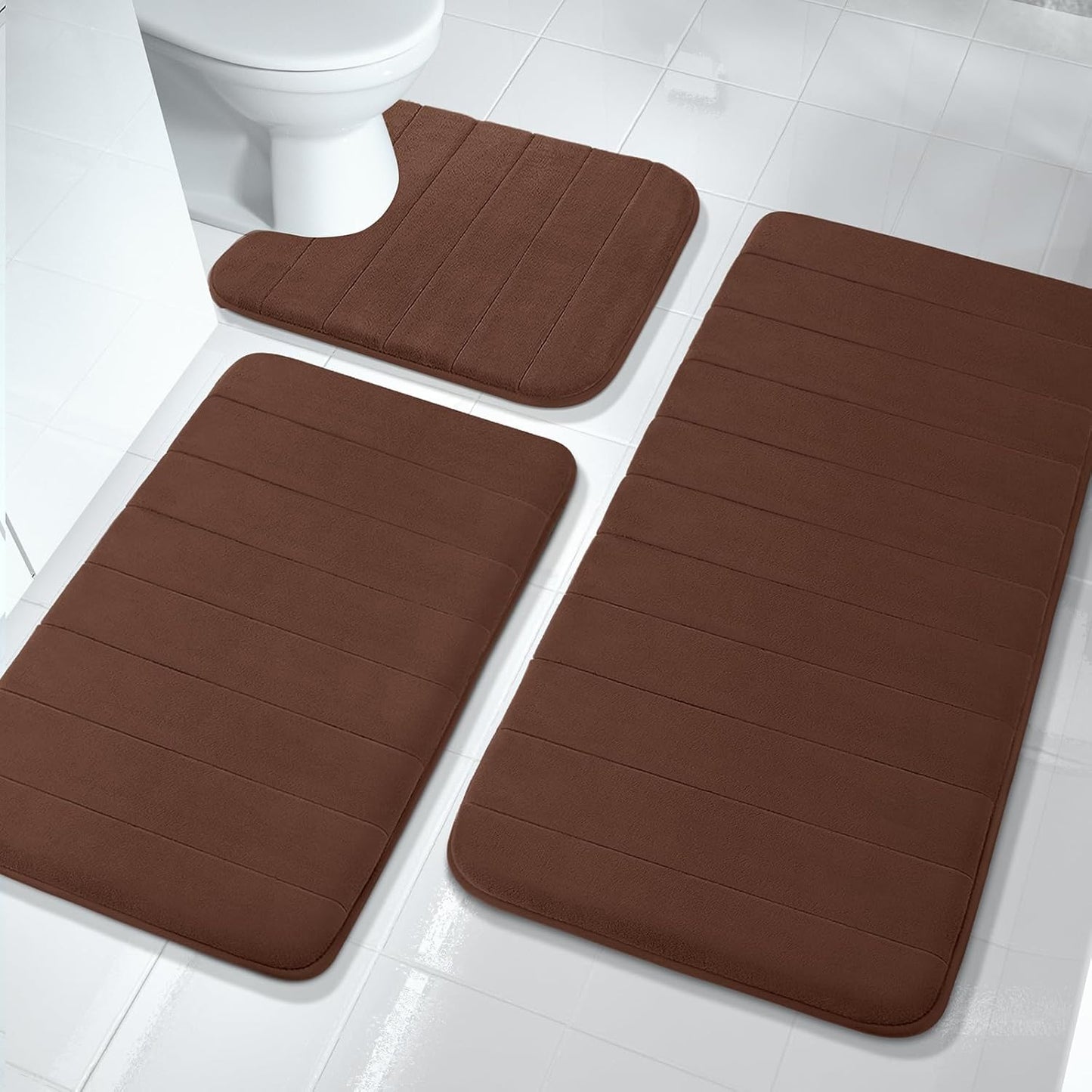 3 Pieces Memory Foam Bath Mat Set with U-Shaped Toilet Rug - Non Slip Super Soft Absorbent Quick Dry Bathroom Rugs for Bathtub, Vanity & Toilet Base, Beige