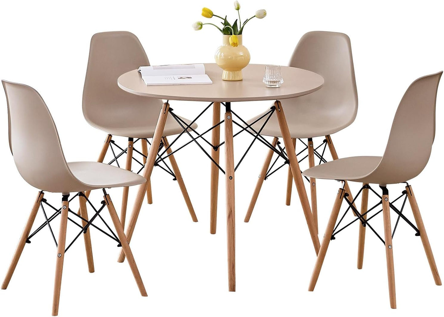 5-Piece round Dining Table Set, Small 31.5" Kitchen Table Chairs Set of 4 Space Saving Furniture, Plastic Seats, Solid Wood Legs, for Living Room Apartment Office Home, Green