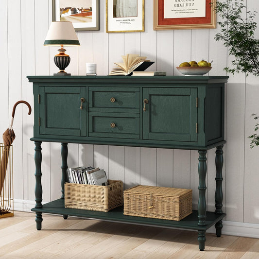 Console Table with 2 Drawers, Retro Entryway Table with 2 Door Cabinets and Open Storage Shelf, Narrow Long behind Couch Sofa Table for Living Room, Foyer, Hallway, Green