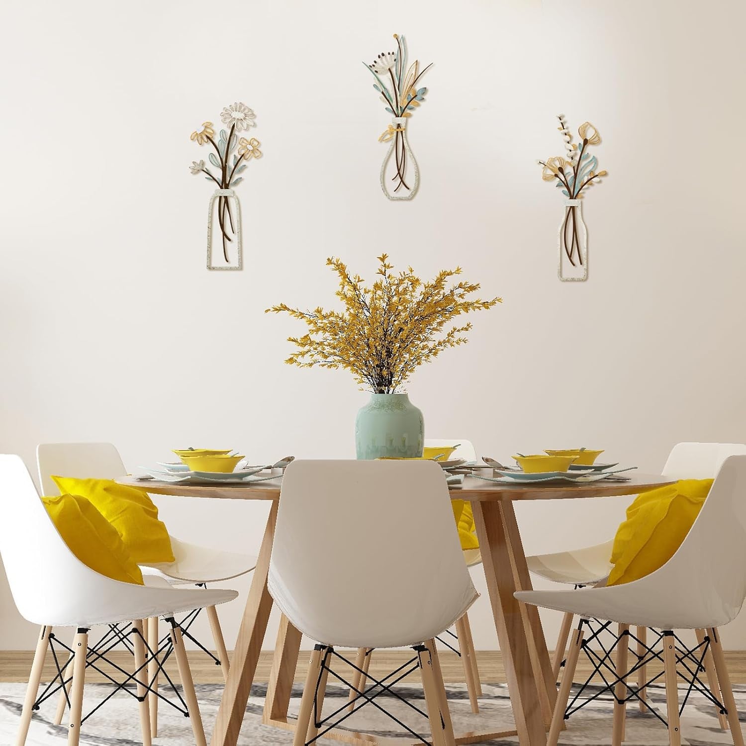 3 Pieces Metal Flowers Wall Arts - Rustic Farmhouse Decor Beige Minimalist Flower Wall Decors for Living Room Bathroom Bedroom Dining Room-Housewarming Gifts (Beige, Vase-C)