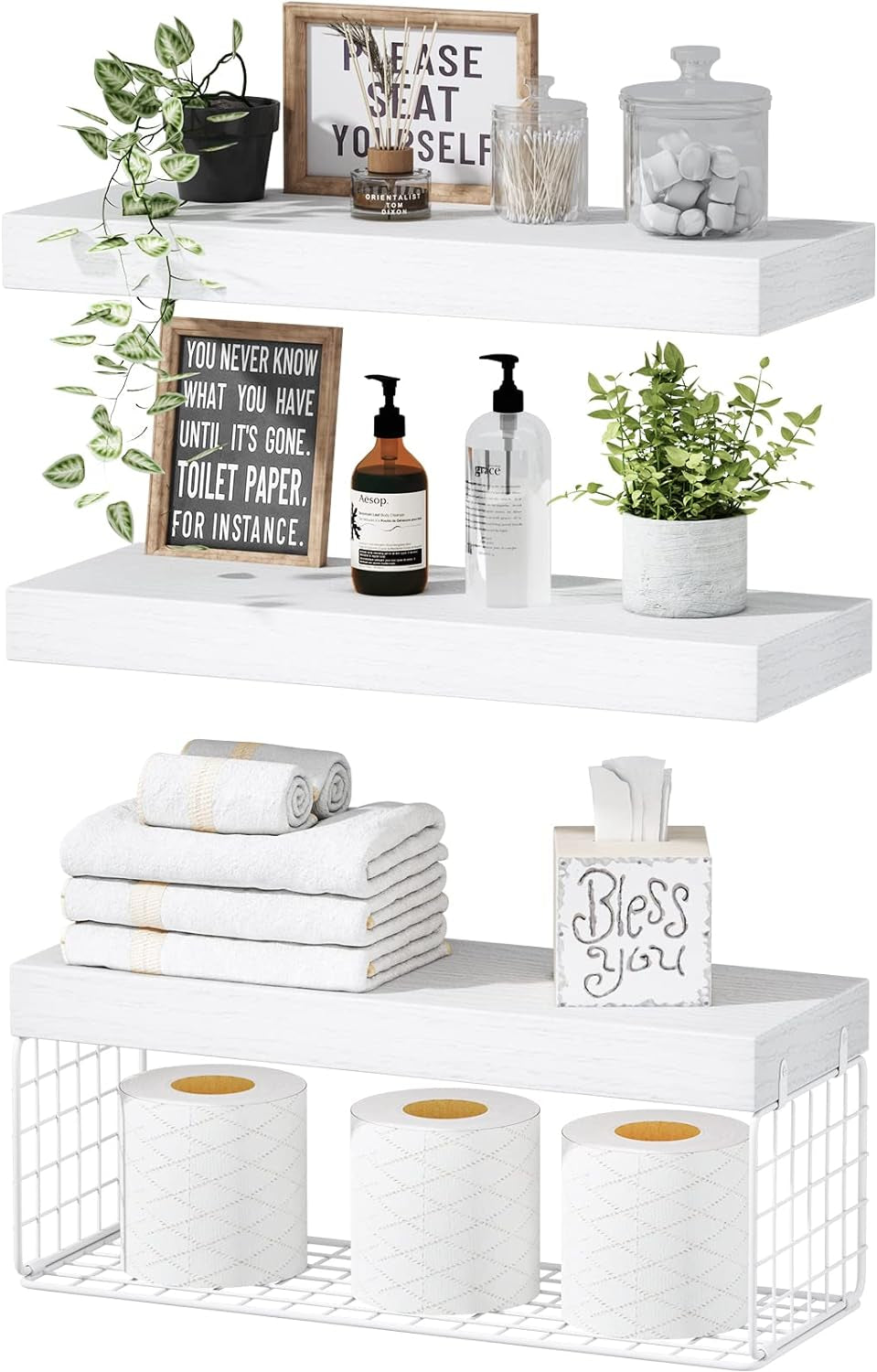 Bathroom Shelves over Toilet - Wall Mounted Floating Shelves Toilet Paper Storage Small Farmhouse Decor Shelf 16 Inch Set of 2, Rustic Brown (019-BN2)