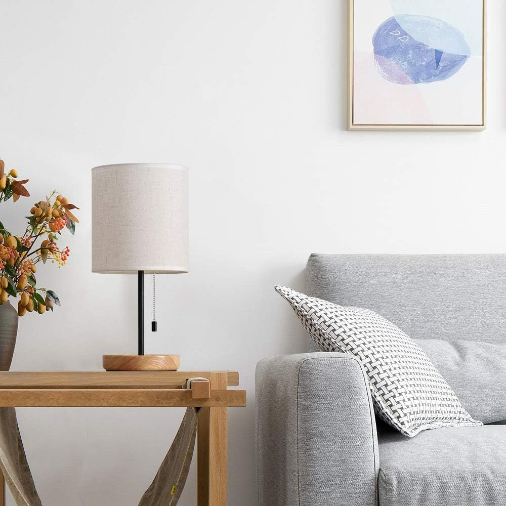 Bedside Table Lamp - Modern Nightstand Lamp with Linen Fabric Shade Wooden Desk Lamps for Bedrooms, Office, College Dorm, Dinning Room, Girls Room - 16 Inches (HT-AD005)