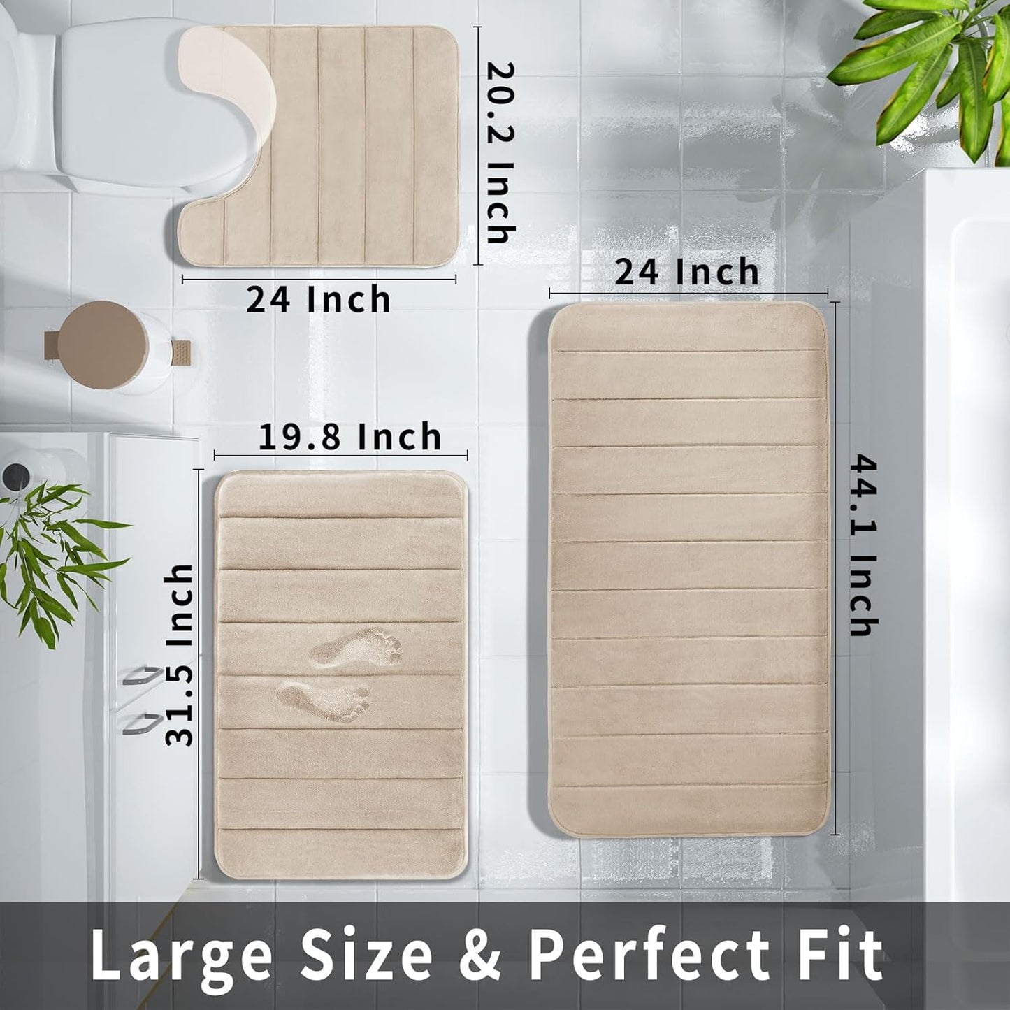 3 Pieces Memory Foam Bath Mat Set with U-Shaped Toilet Rug - Non Slip Super Soft Absorbent Quick Dry Bathroom Rugs for Bathtub, Vanity & Toilet Base, Beige