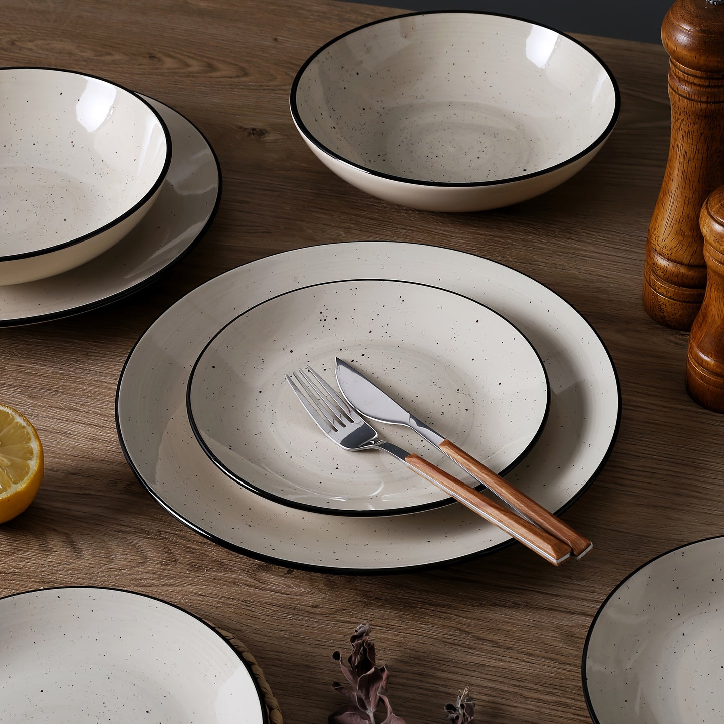 18-Piece Stoneware Dinnerware Set – Modern Round Plates &amp; Bowls