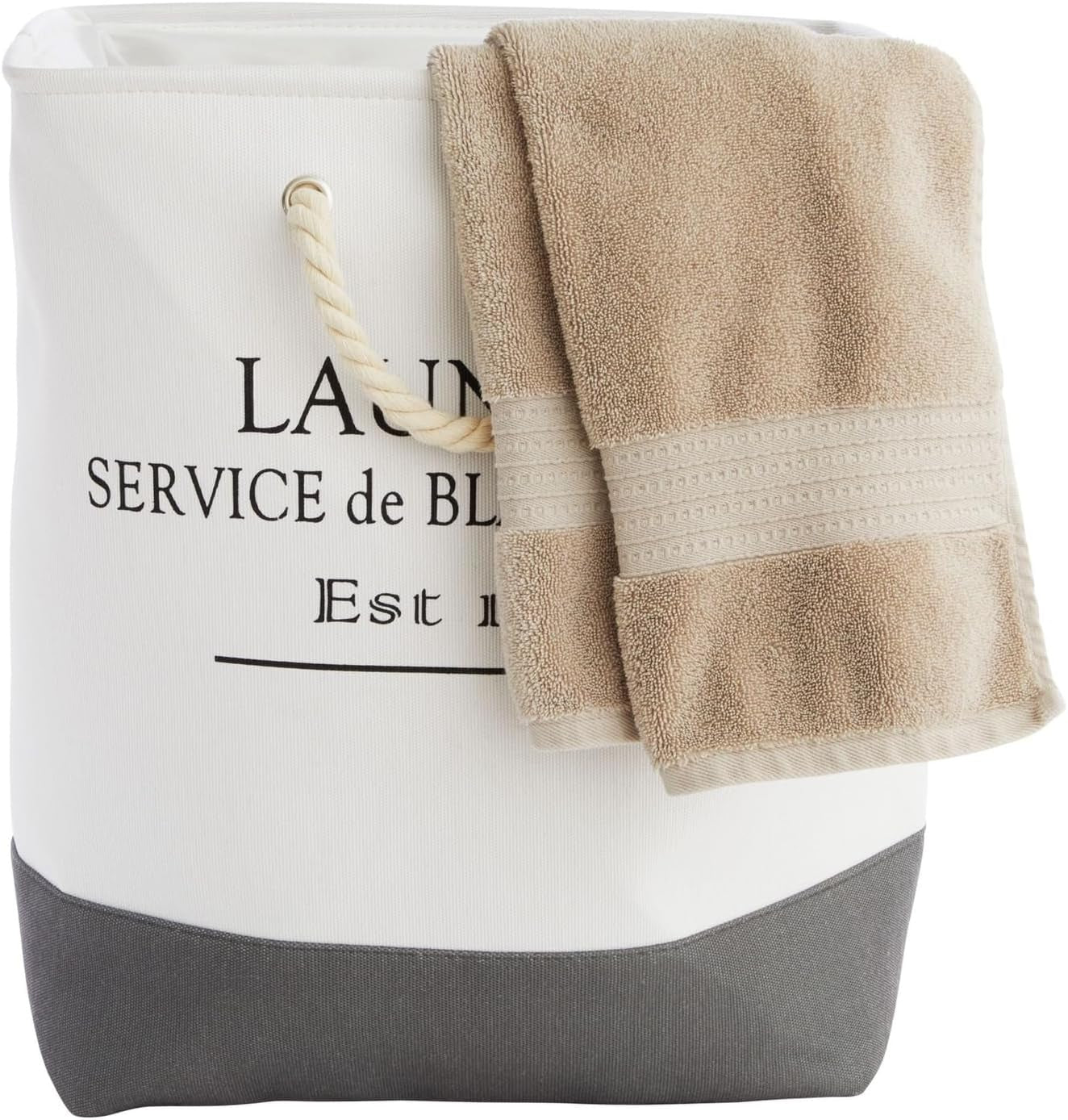 Canvas French Laundry Hamper - White and Gray Square Canvas Laundry Basket with Handles for Bathroom and Bedroom - Dry Cleaning Basket for Clothes, 60L (12 X 16 X 19.2 Inches)