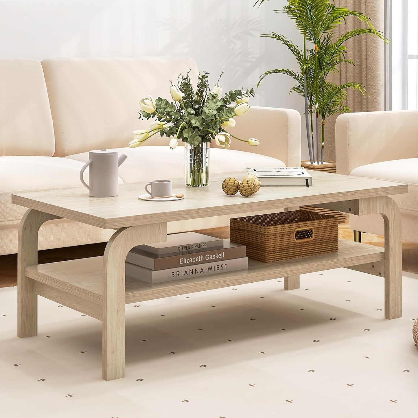 2-Tier Coffee Table with Storage, 47” Mid Century Rectangle Accent Table with Open Shelf, Large Tabletop & Curved Legs, Rustic Style Wood Cocktail, Center Table for Living Room, Natural