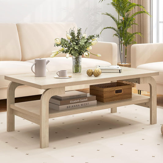 2-Tier Coffee Table with Storage, 47” Mid Century Rectangle Accent Table with Open Shelf, Large Tabletop & Curved Legs, Rustic Style Wood Cocktail, Center Table for Living Room, Natural