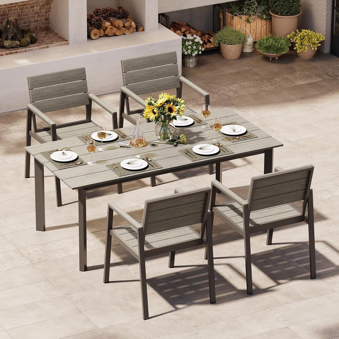 Outdoor Dining Set for 6, Patio Table and Chairs Set with Umbrella Hole, 7 Pieces HDPS Outdoor Furniture Sets for Patio, Garden, Backyard (Gray & Teak)