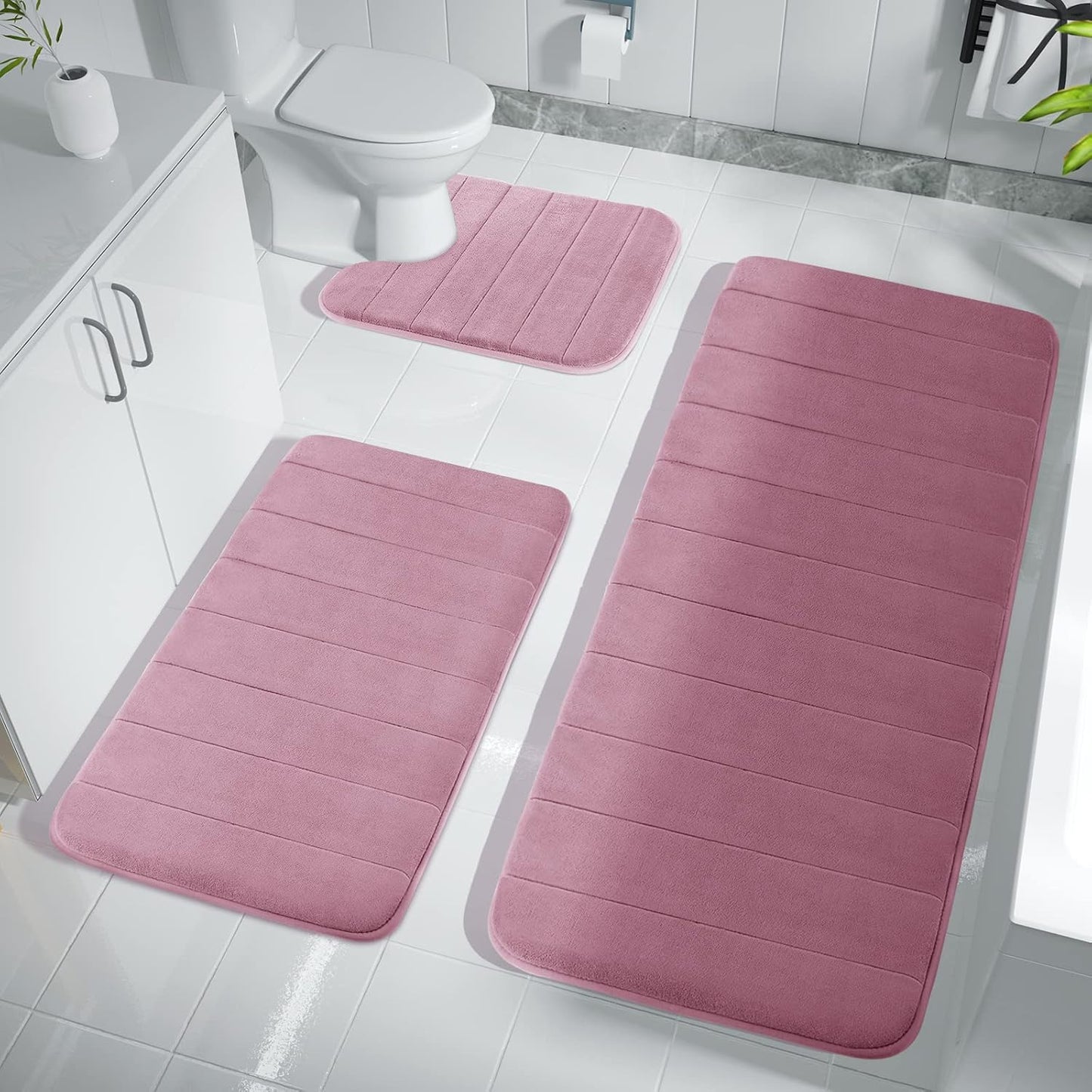 3 Pieces Memory Foam Bath Mat Set with U-Shaped Toilet Rug - Non Slip Super Soft Absorbent Quick Dry Bathroom Rugs for Bathtub, Vanity & Toilet Base, Beige