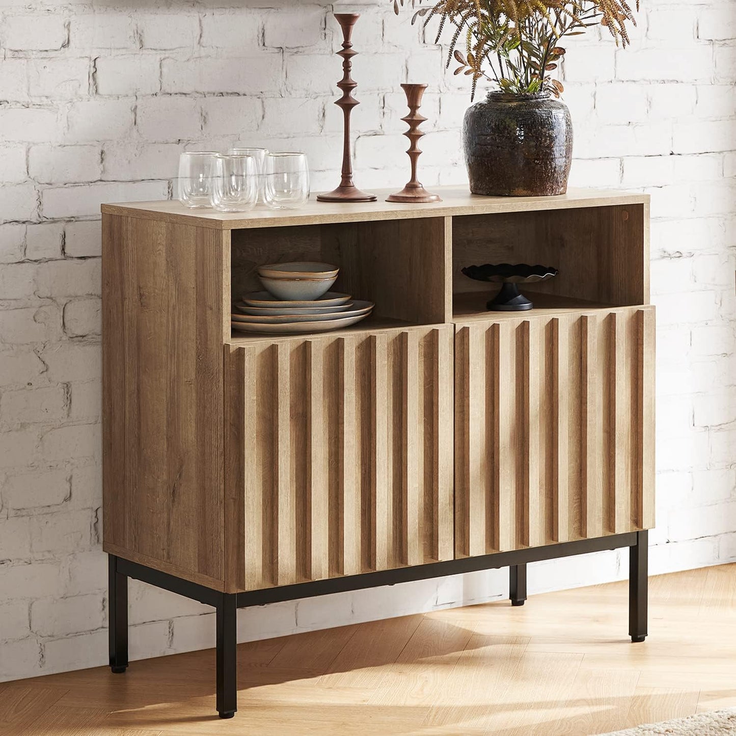Norwin Storage Cabinet, Modern Rustic Industrial Buffet Sideboard, Accent Console Credenza, Fluted Panel Doors, Adjustable Shelves, Sturdy Metal Legs with Leveler (Oak Fluted Entryway, Single)