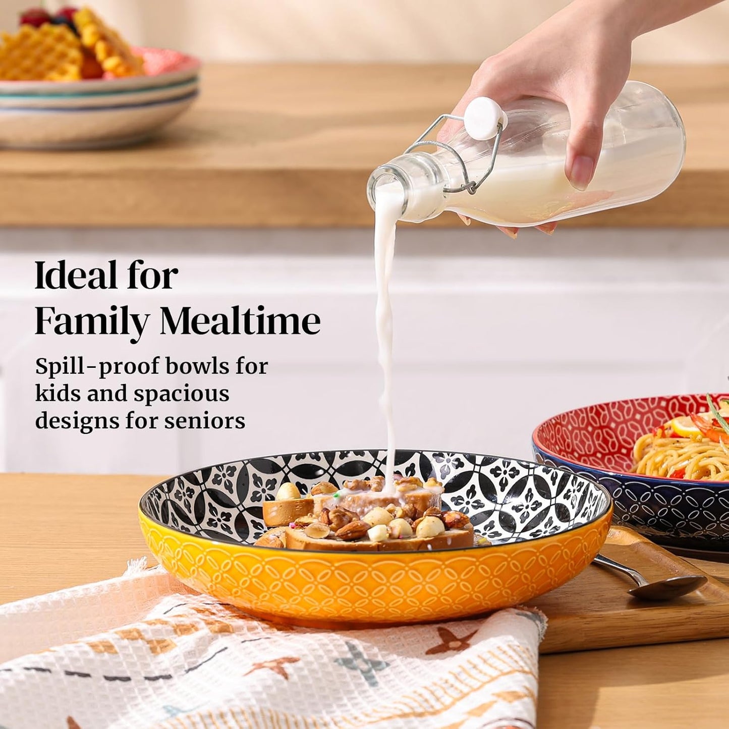 10" Vibrant Pasta, Salad & Soup Serving Bowls Set of 4, Embossed Large Porcelain Ceramic, Microwave & Dishwasher Safe, Bonita Design Dinnerware Dishes for Daily Dining, Family Gatherings, Party