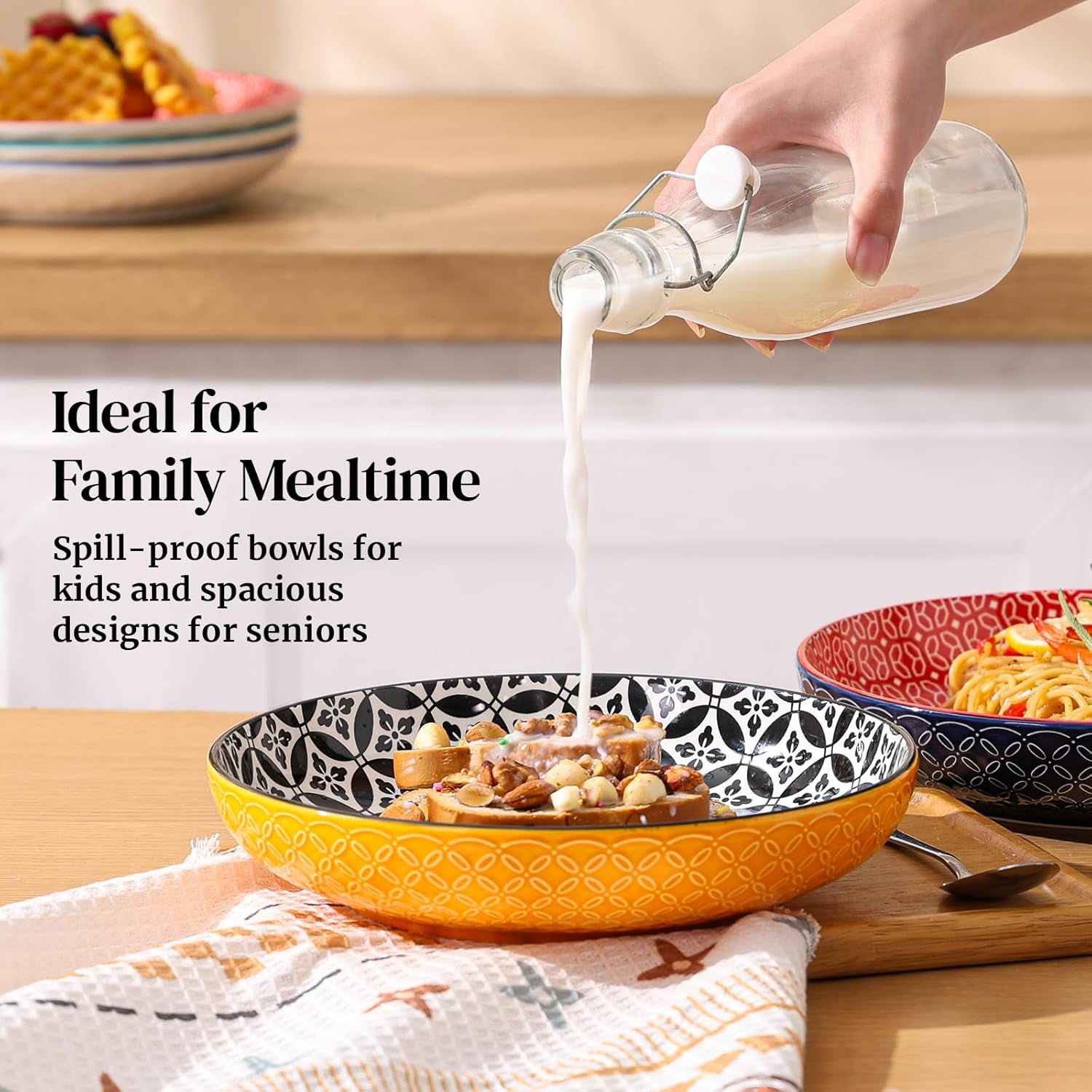 10" Vibrant Pasta, Salad & Soup Serving Bowls Set of 4, Embossed Large Porcelain Ceramic, Microwave & Dishwasher Safe, Bonita Design Dinnerware Dishes for Daily Dining, Family Gatherings, Party