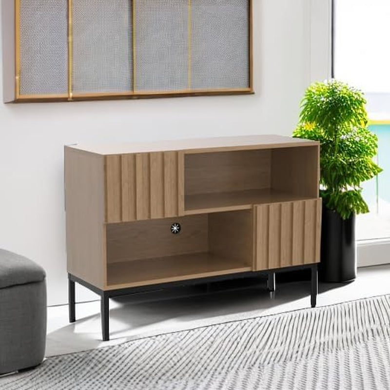 Norwin Storage Cabinet, Modern Rustic Industrial Buffet Sideboard, Accent Console Credenza, Fluted Panel Doors, Adjustable Shelves, Sturdy Metal Legs with Leveler (Oak Fluted Entryway, Single)